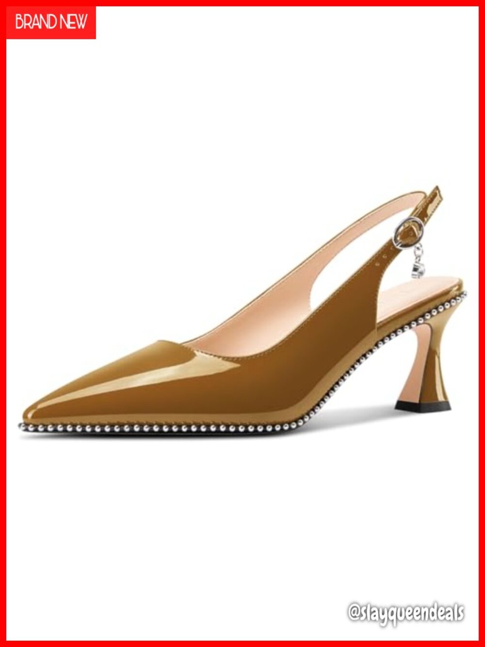 Kitten Heel Pointed Toe Beaded Slingback Buckle Patent Leather Pumps
